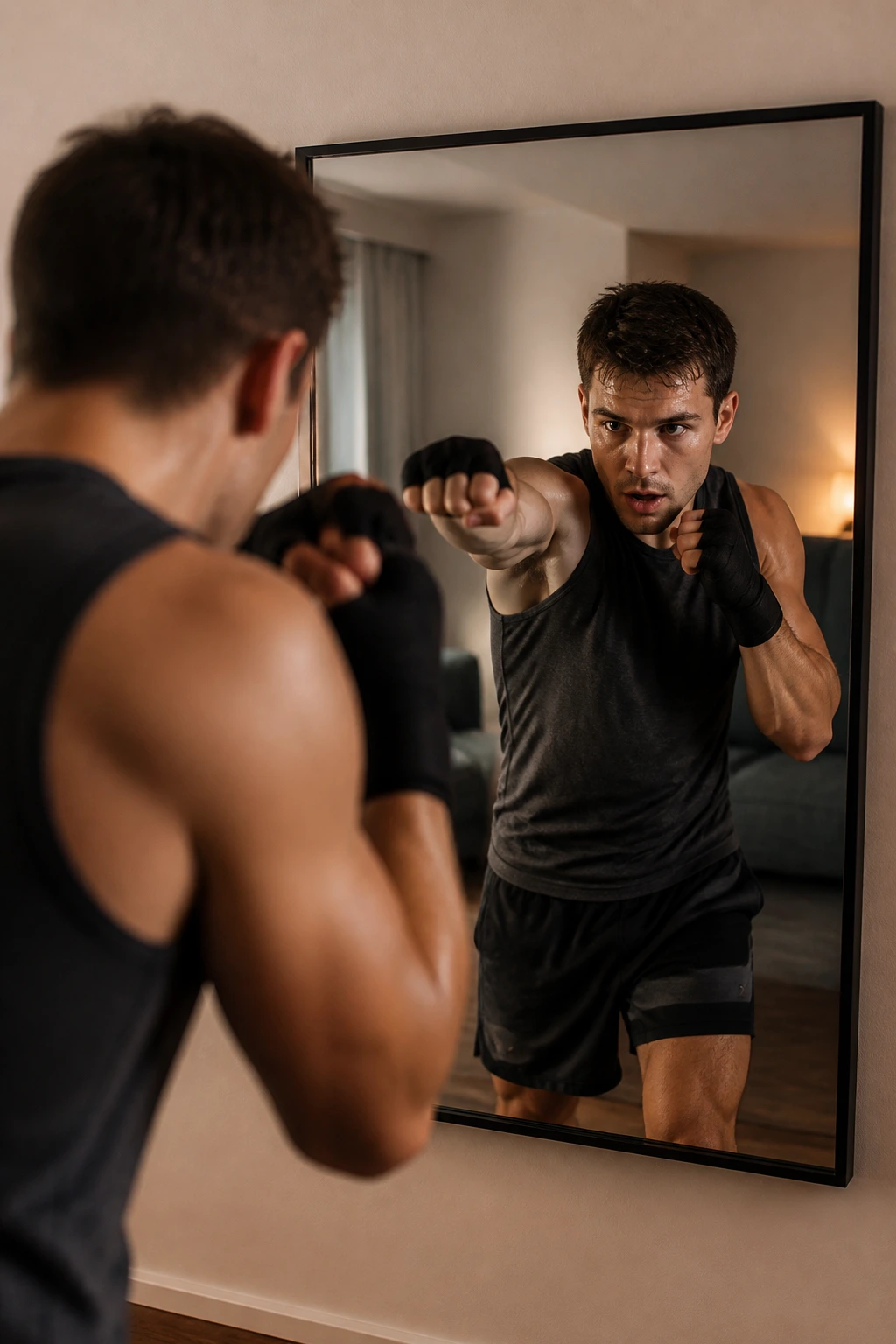 Boxer shadowboxing in front of a mirror to check form