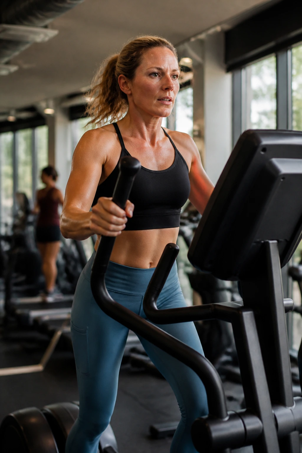 Mid-shot of a person on an elliptical at varying cadence during a fartlek workout