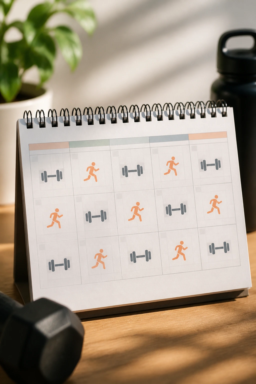 Calendar grid with dumbbell and running icons for Mixed Cardio and Strength Calendar
