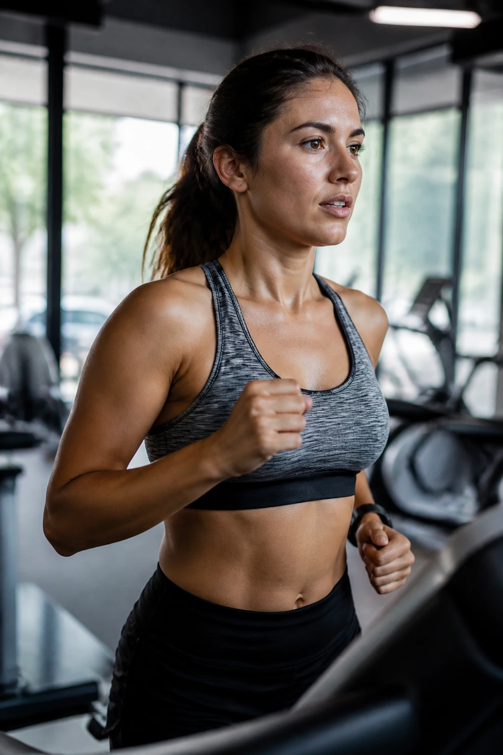 Runner on treadmill during a 20-minute mixed endurance run with focused expression.