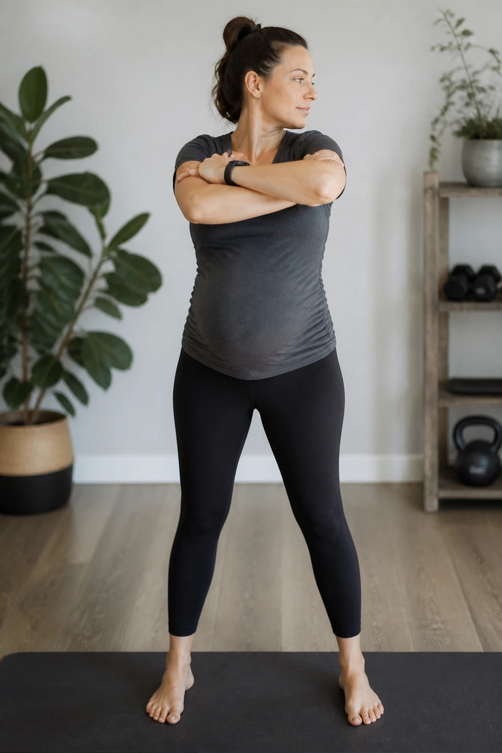 Person performing a standing thoracic rotation as part of mobility circuit