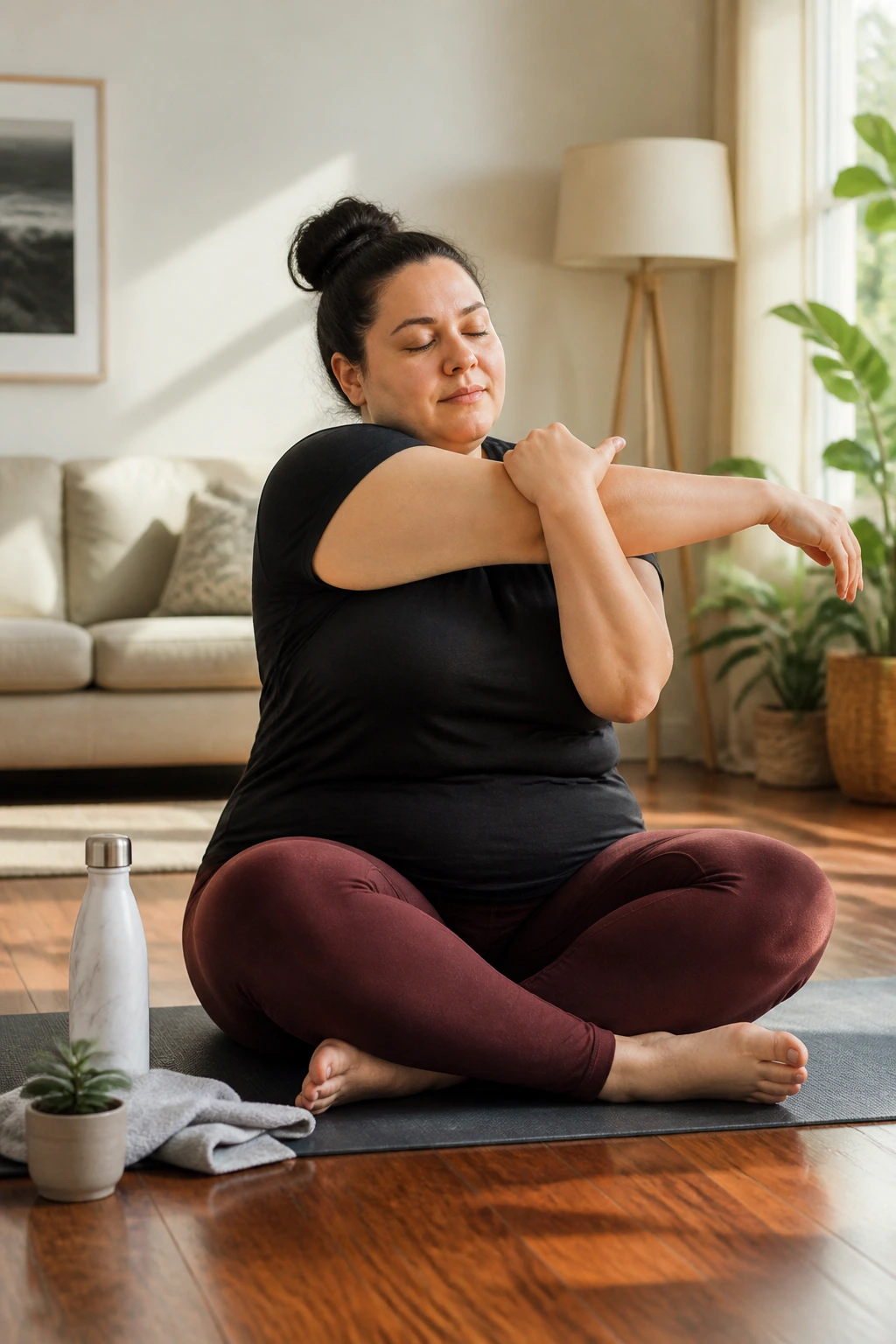 Real person performing gentle mobility flow at home in a sunlit living room