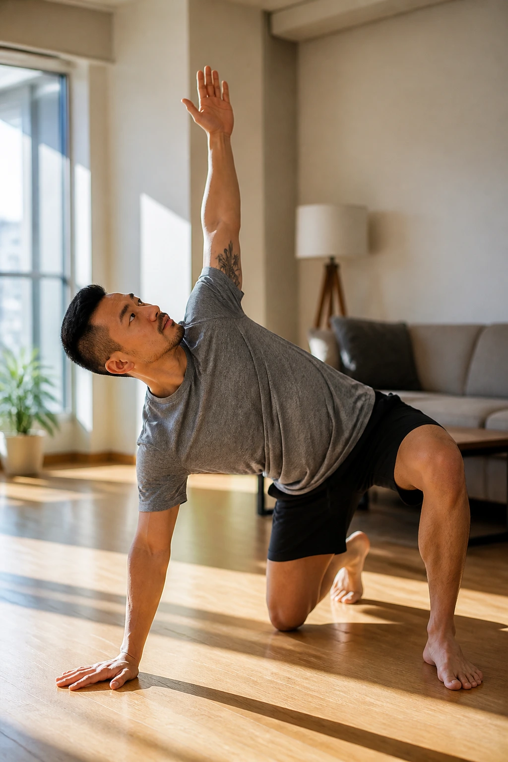 Real person performing thoracic rotation mobility move in bright living room