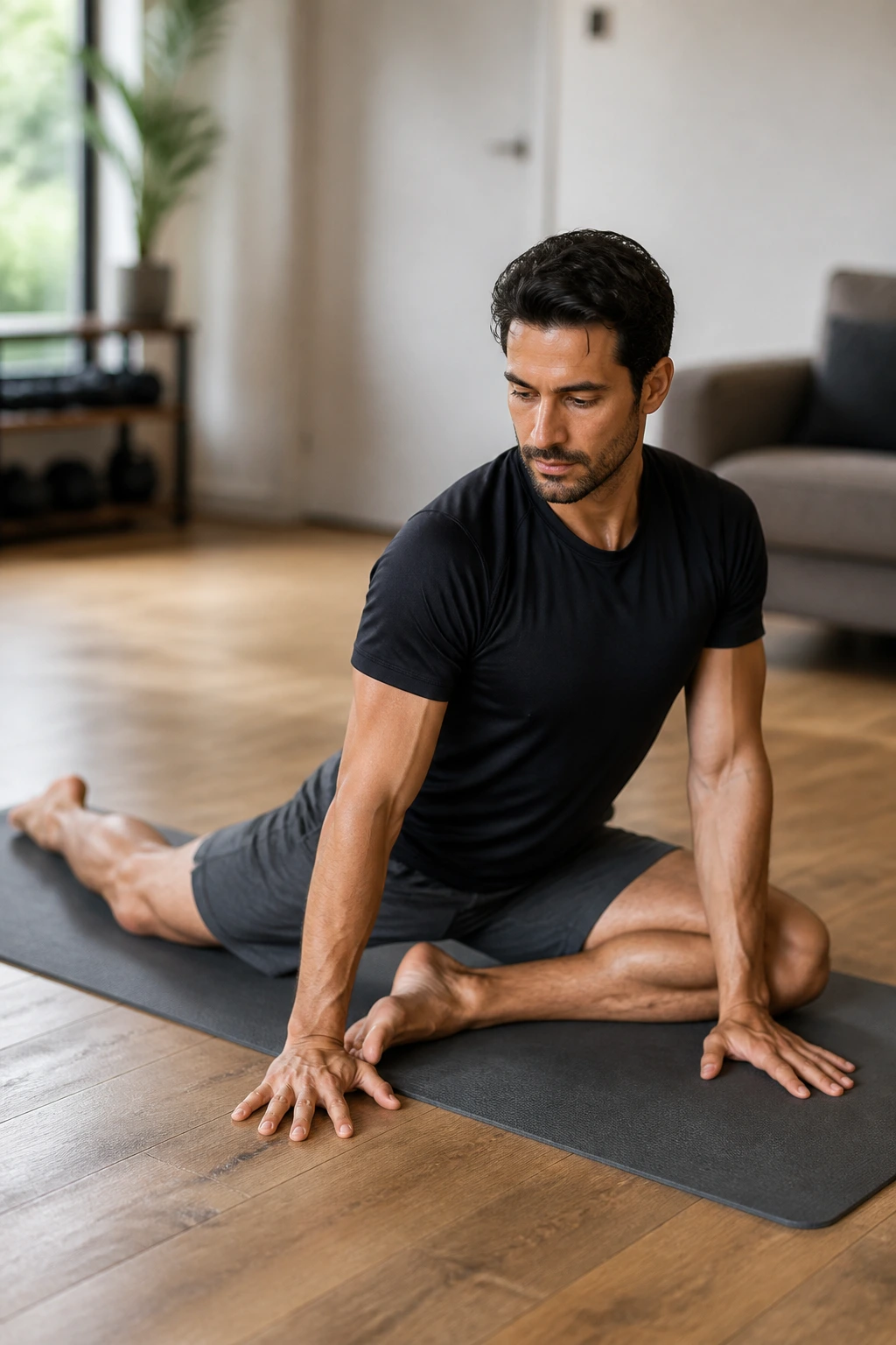 Person performing 90/90 hip stretch on a mat in a home setting.