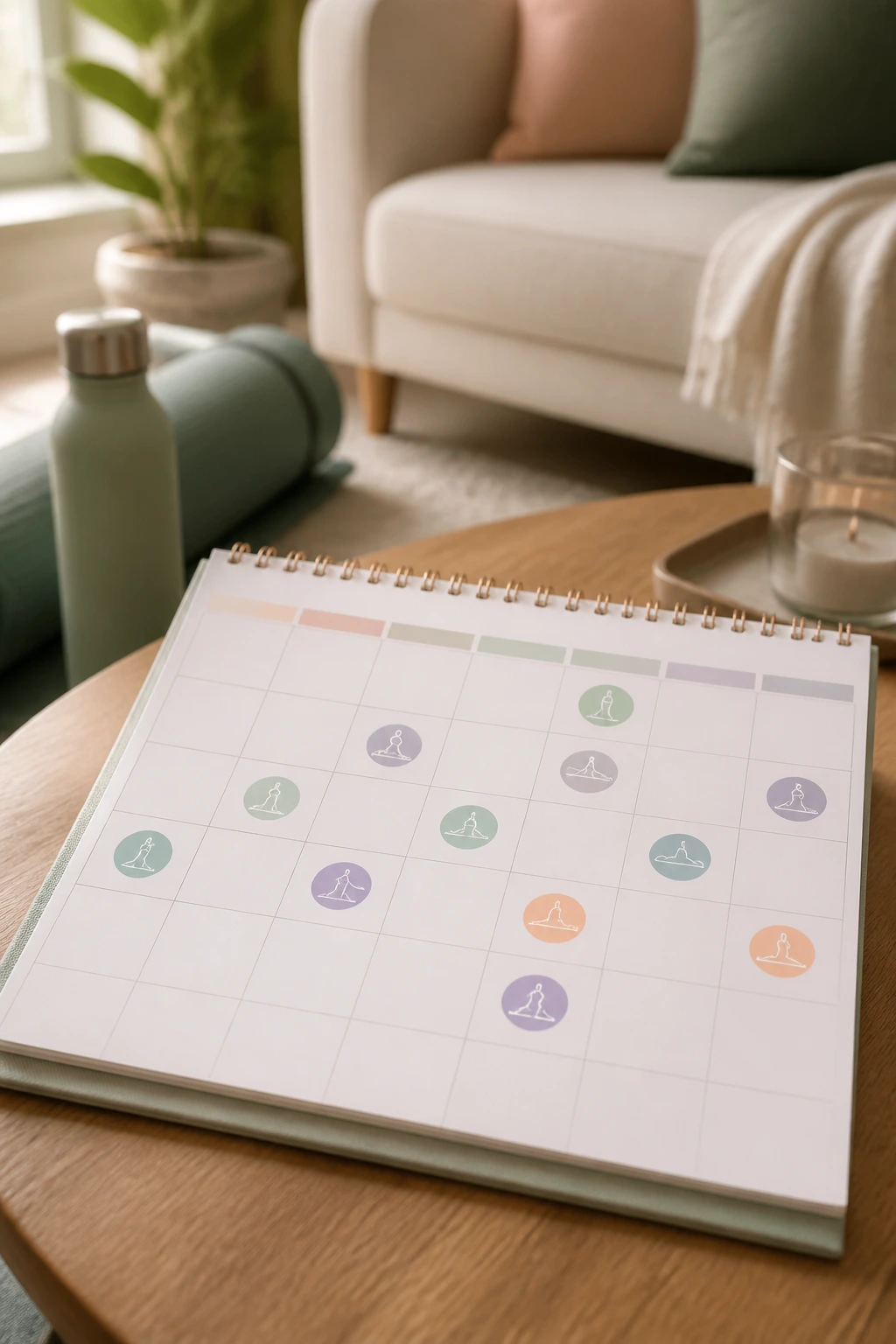 Pastel calendar grid with small mobility icons on a coffee table in a living room