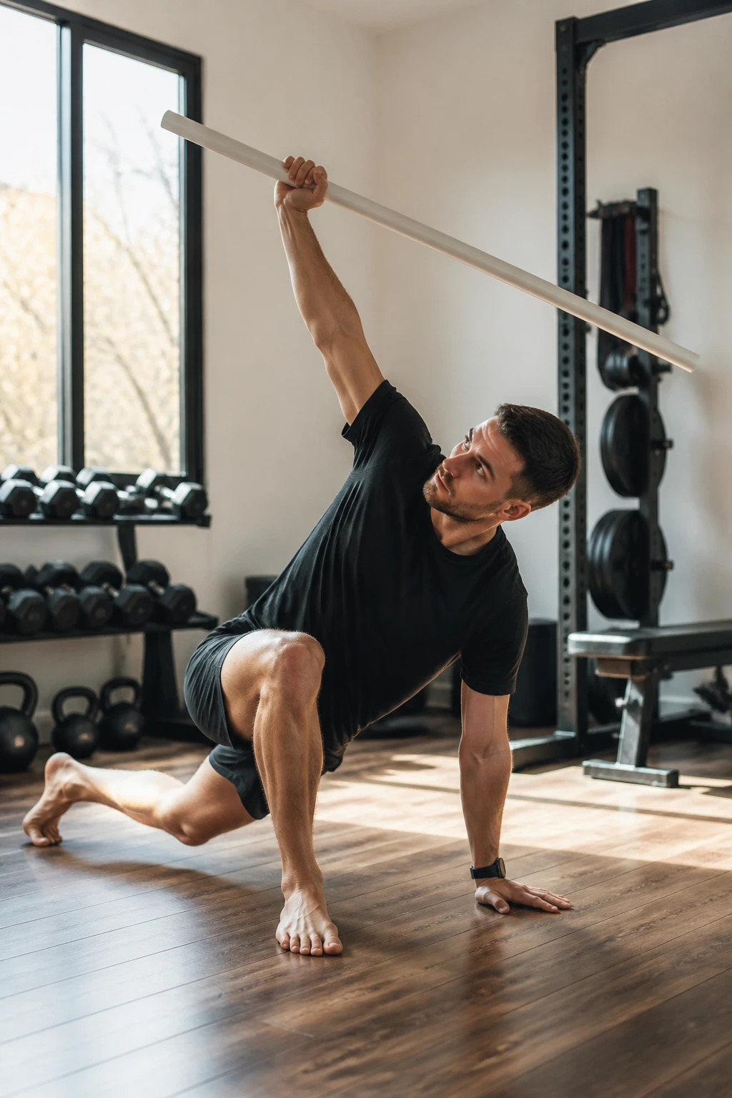 Person performing full-body mobility movements in home gym