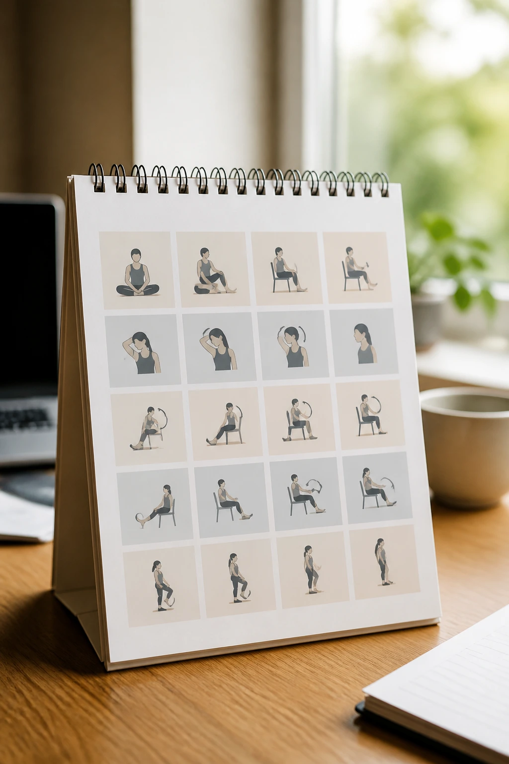 Close-up of a calendar page with mobility icons on a desk by a window illustrating sitting-related mobility
