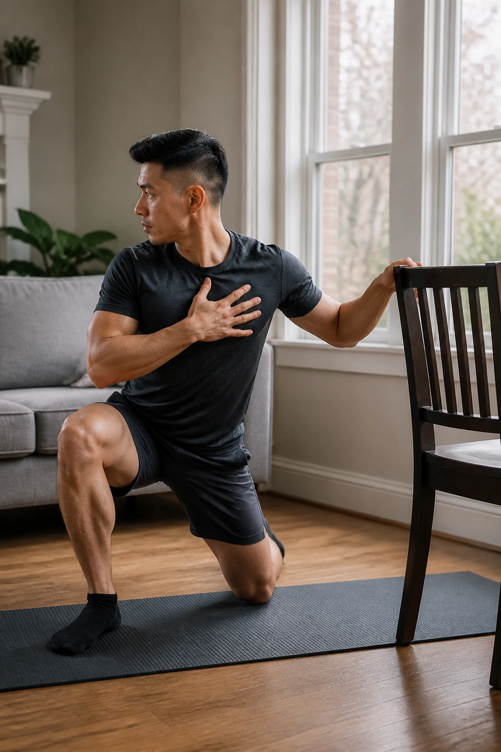 Person performing mobility drill in home setting