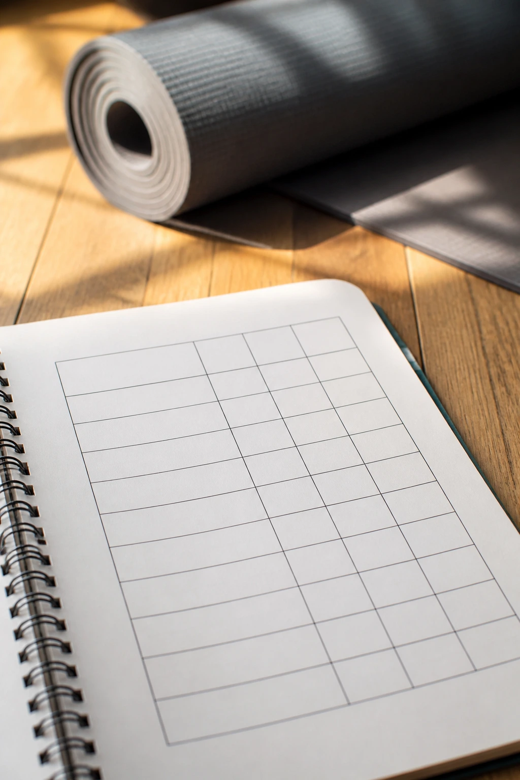 Close-up of a mobility/stretching journal page with blank rows on a wooden floor