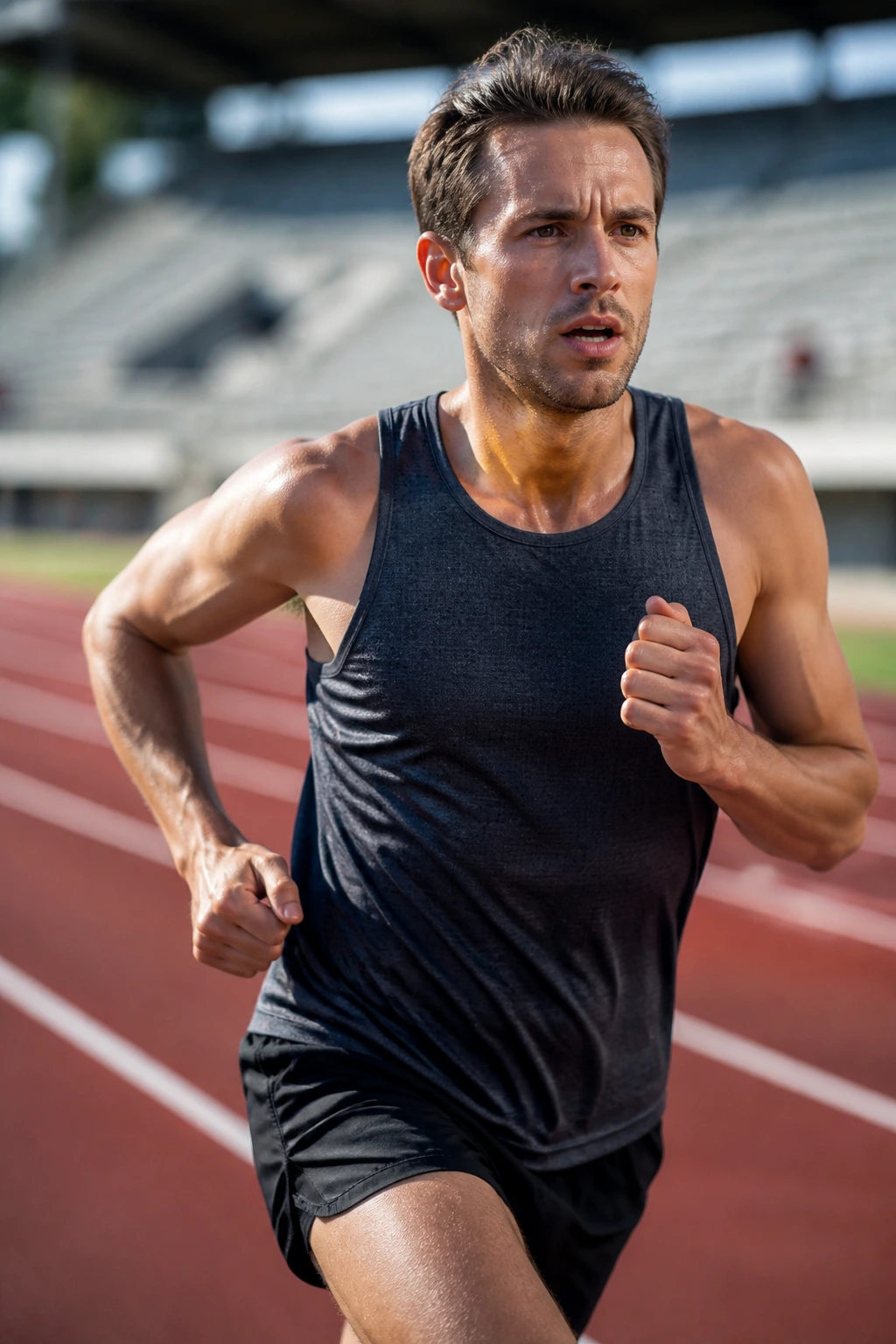 Portrait of a runner on an outdoor track during a mock race repeat