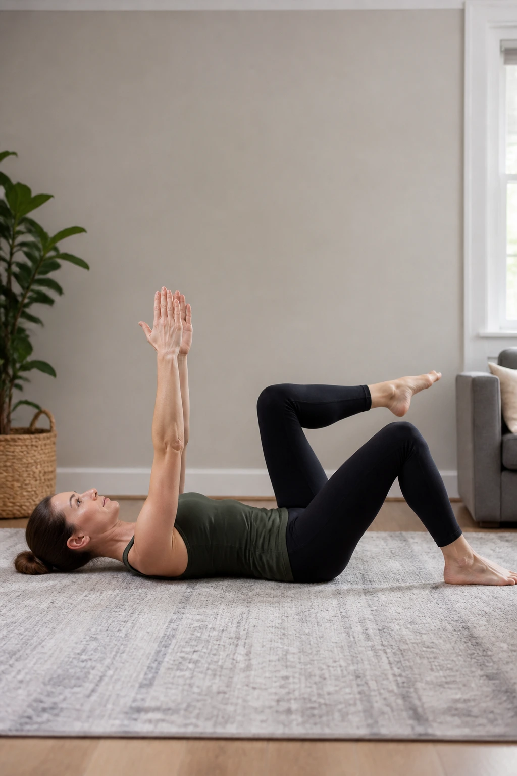 Person performing modified dead bug with controlled leg lowering