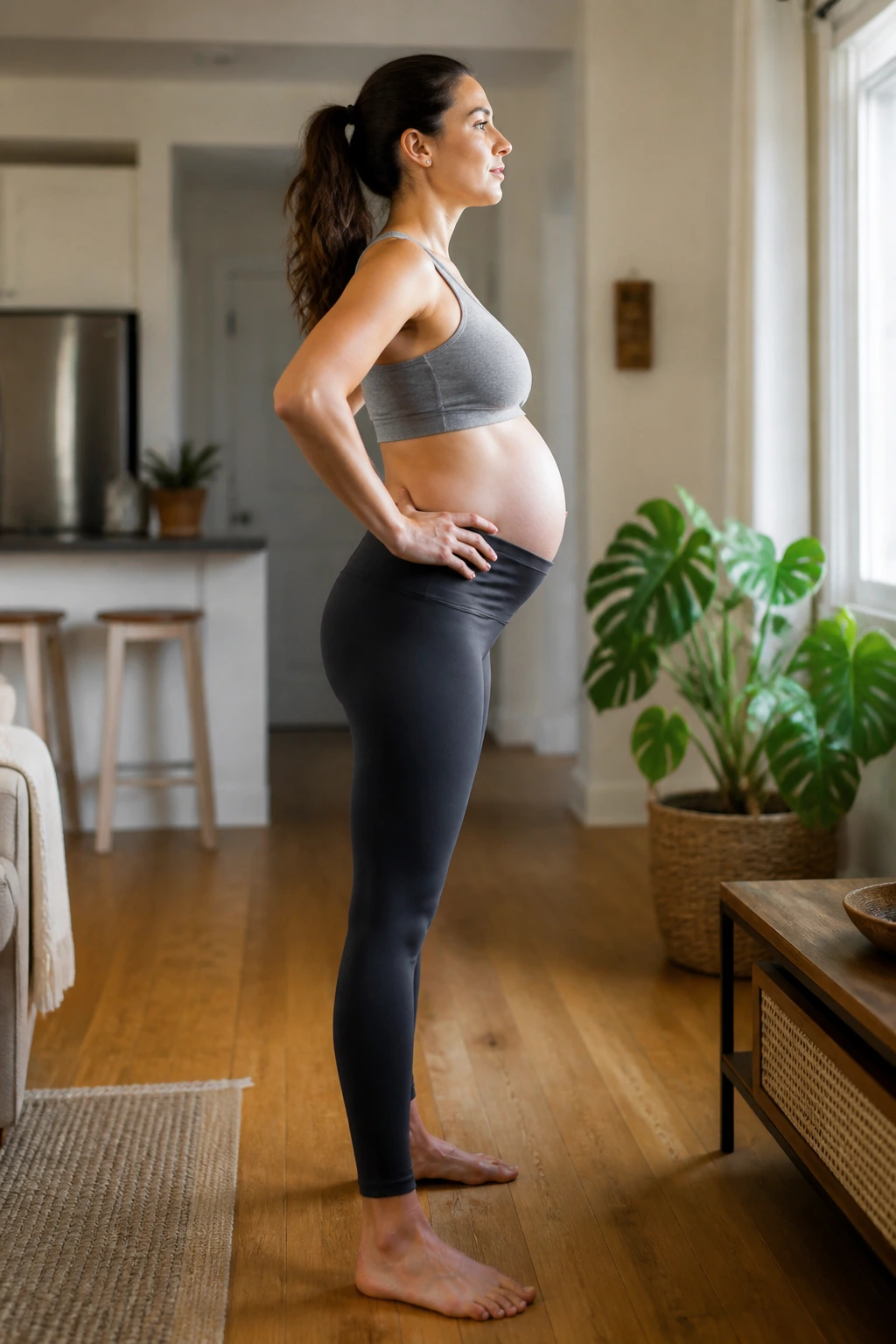 Person performing modified glute squeezes in a home setting