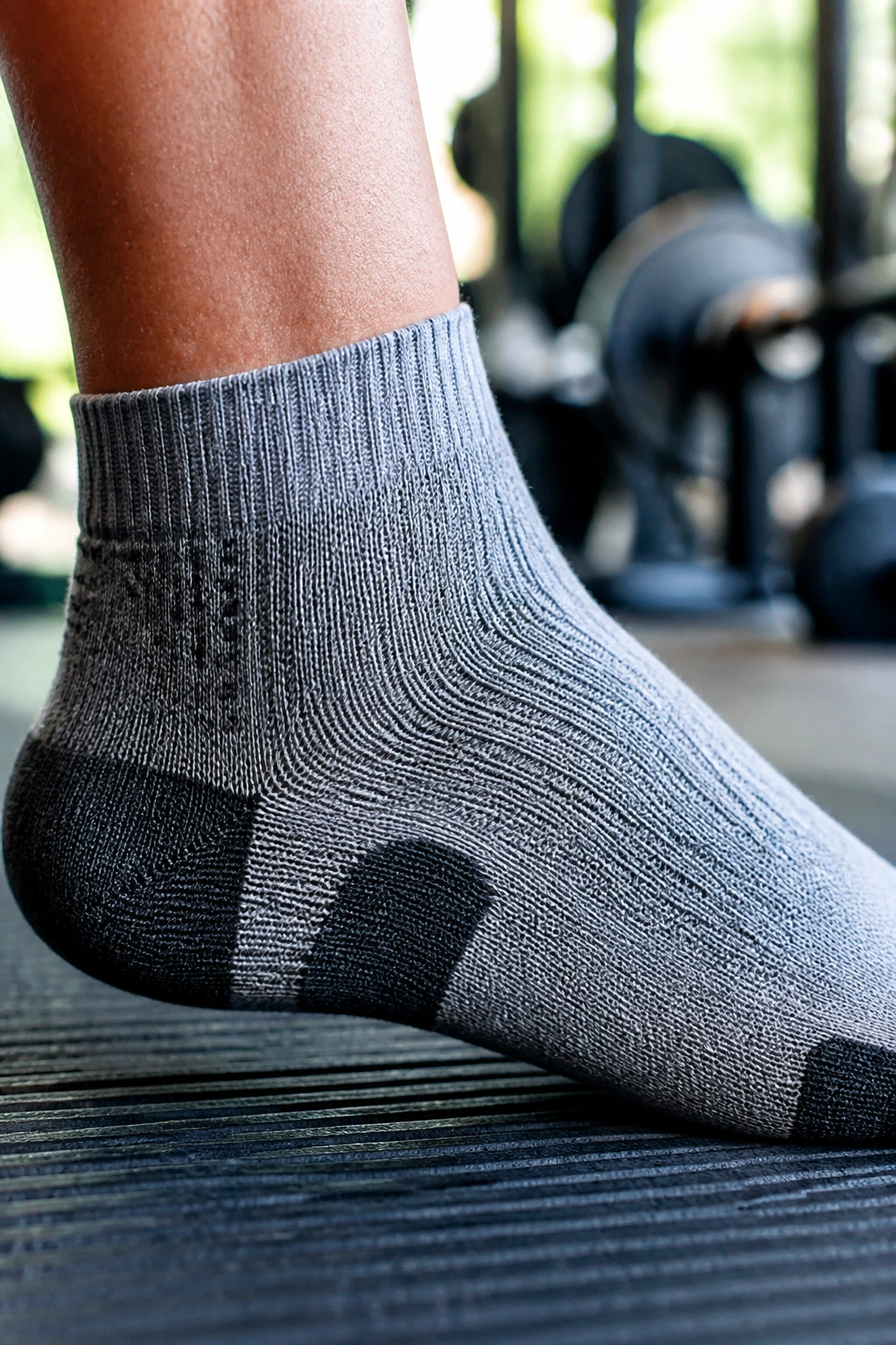 Close-up of moisture-wicking socks on a foot on a gym mat