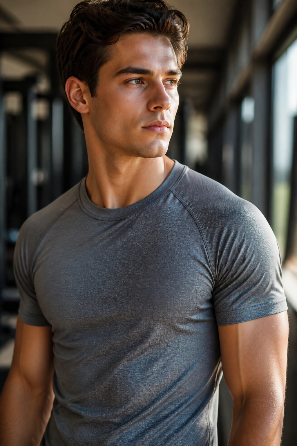 Portrait of a real person wearing a moisture-wicking top in a gym