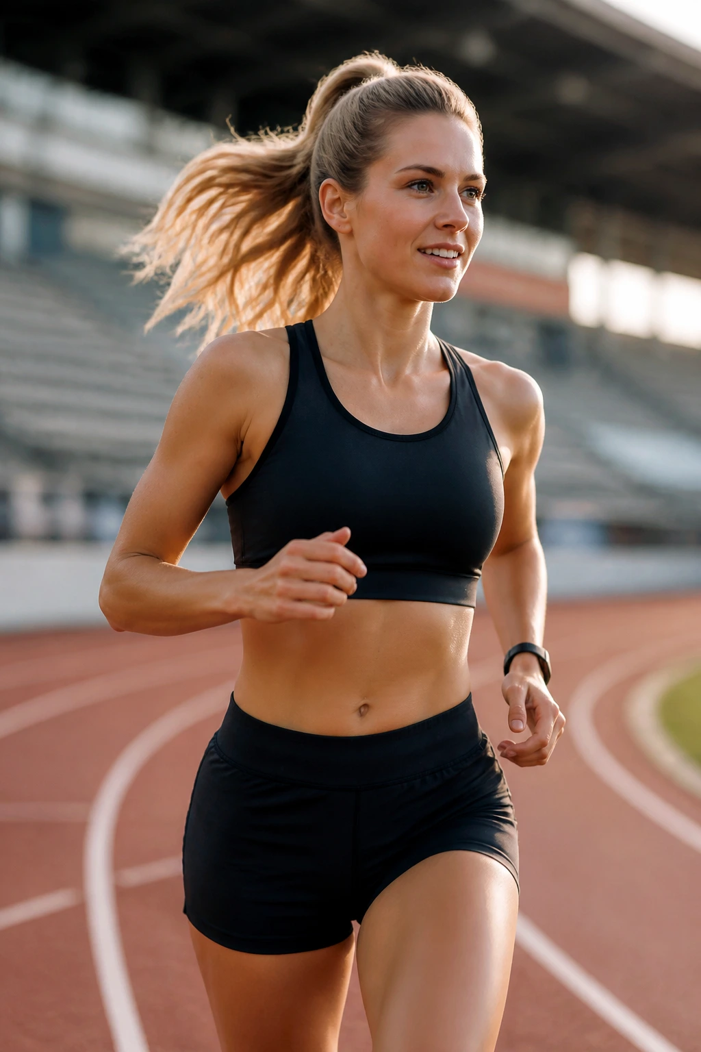 Medium-close portrait of a runner on track with varied scenery implied