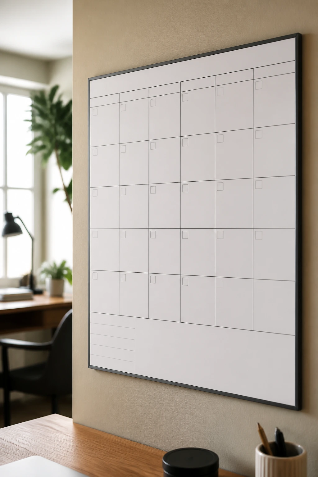 Close-up of a blank wall calendar grid on a wall