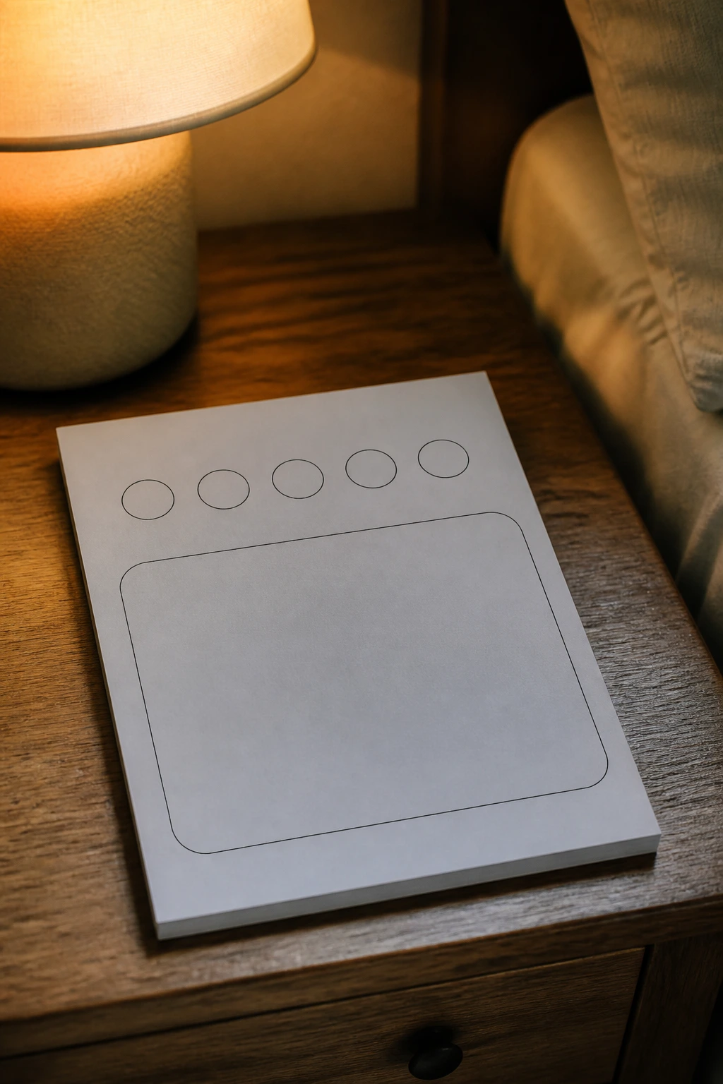 Close-up of a mood/energy/stress tracker with five circular markers and a notes area