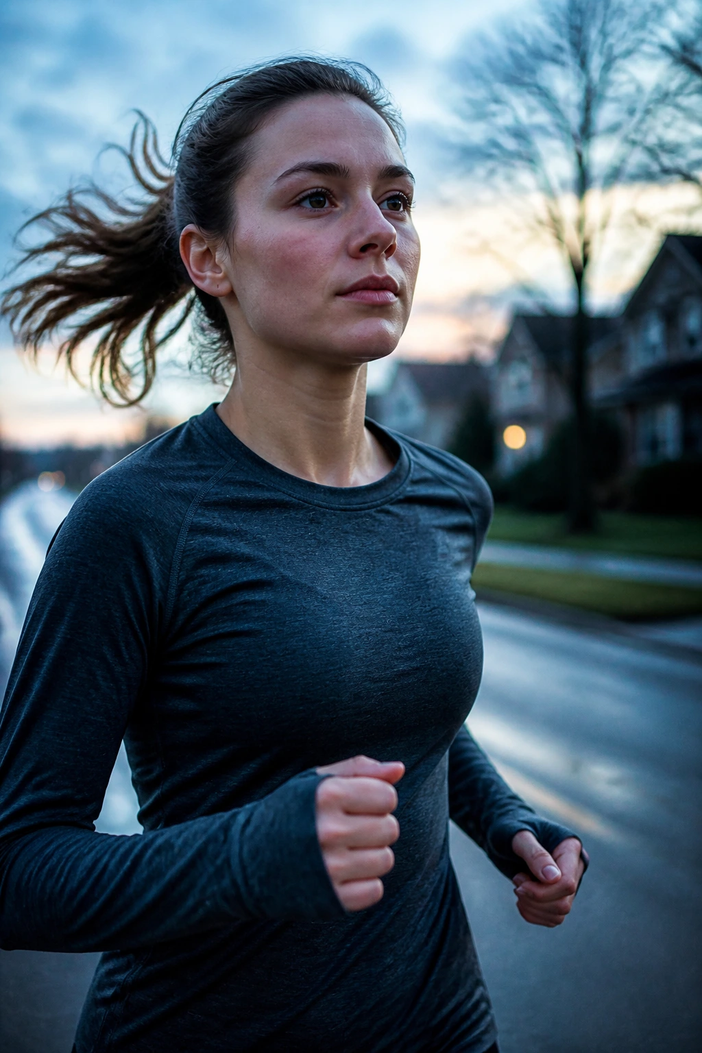 Close-up of a real person running at dawn on a quiet street
