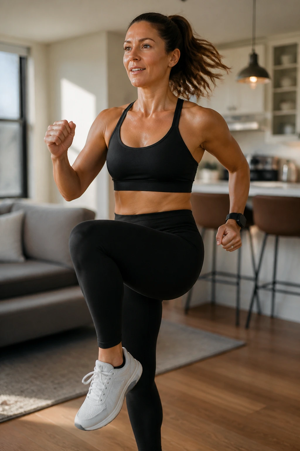 Close-up of a woman marching in place in a sunlit home area
