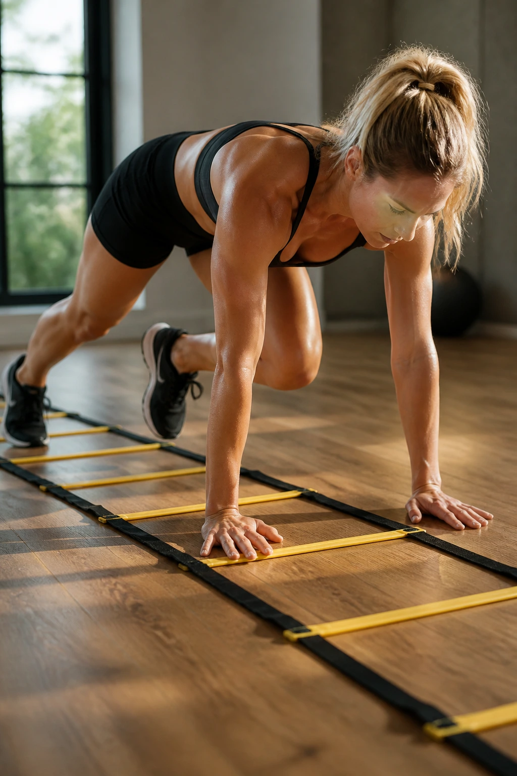 Athlete performing mountain climber on a ladder in a home gym