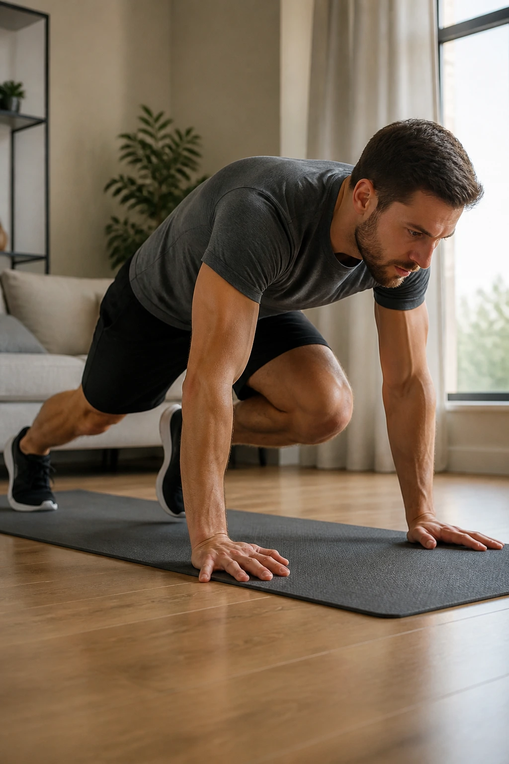 Person performing mountain climbers at a calm pace in a living room on a yoga mat