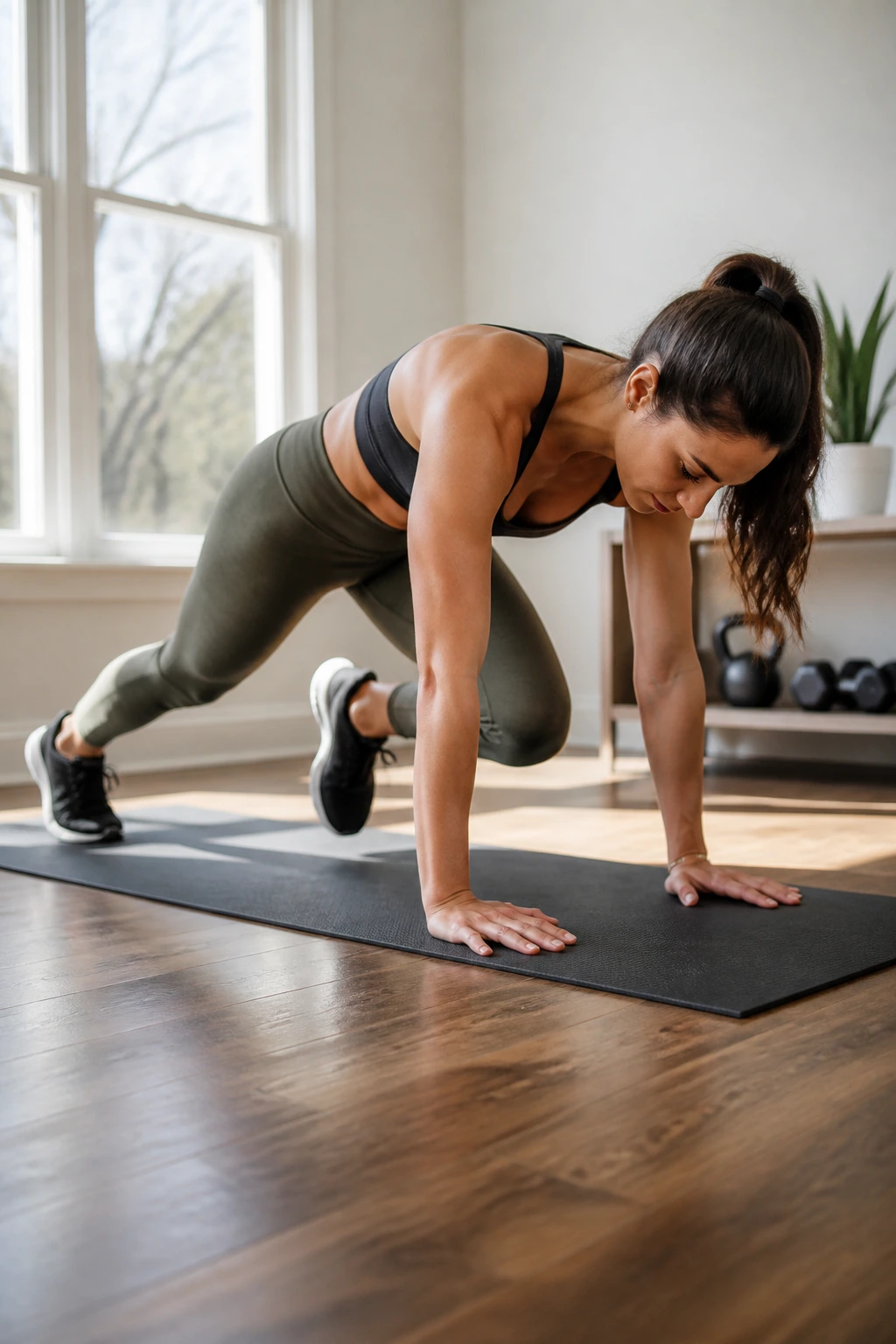 Person performing mountain climbers on a mat indoors.