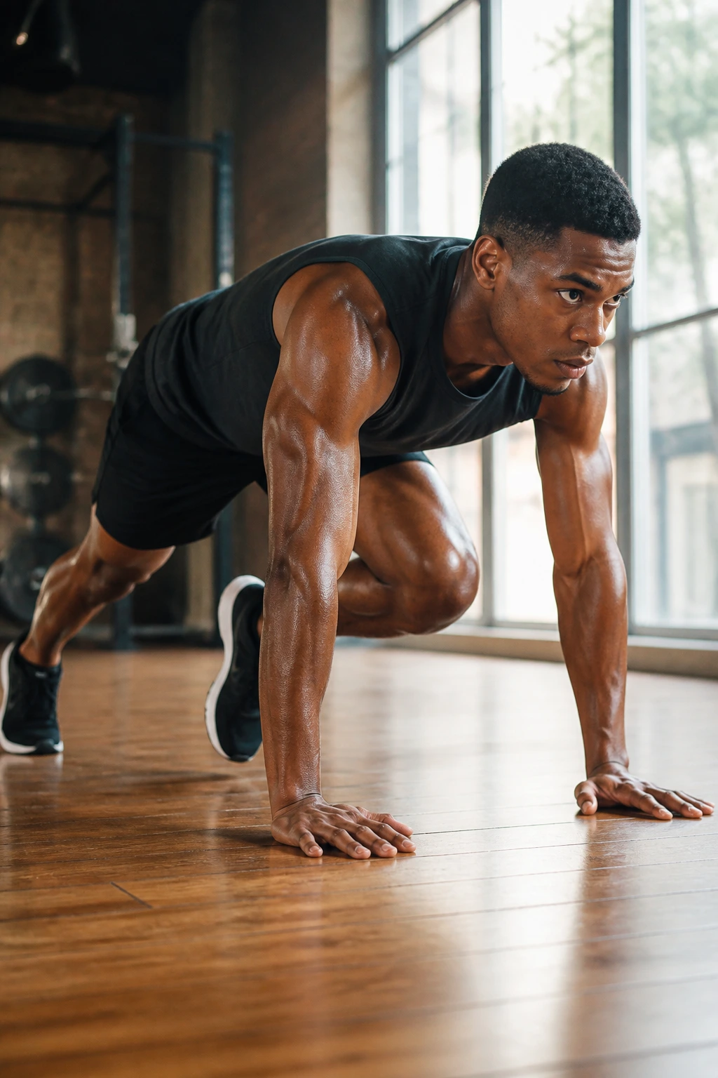 Person performing mountain climbers in a bright gym.