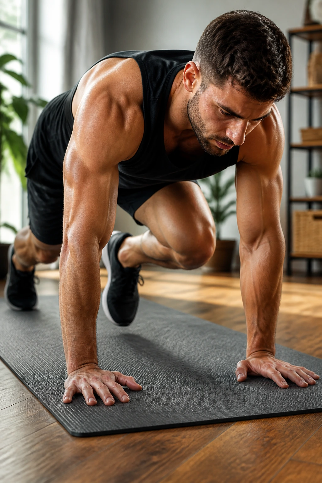 Close-up of a person performing mountain climbers on a yoga mat in a home gym, core engaged.