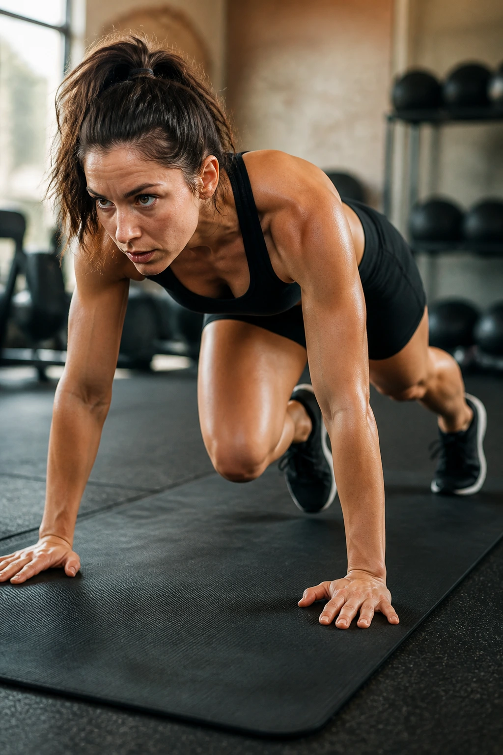 Close-up of a real person performing standard mountain climbers on a gym mat