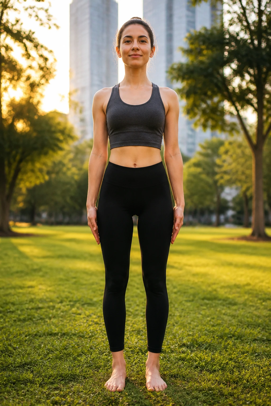 Real person in Mountain Pose in a sunlit park, beginner yoga stance.