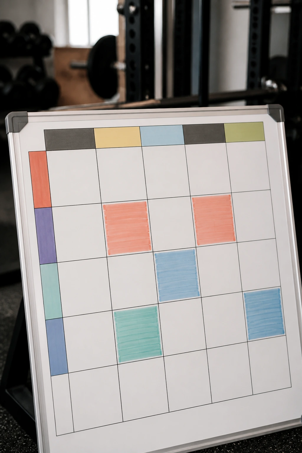 Close-up of a color-coded calendar grid indicating muscle-gain training blocks