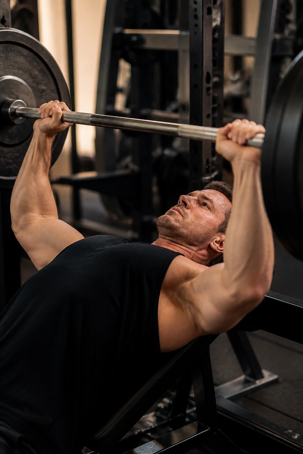 Close-up of a person bench pressing for muscle gain plan