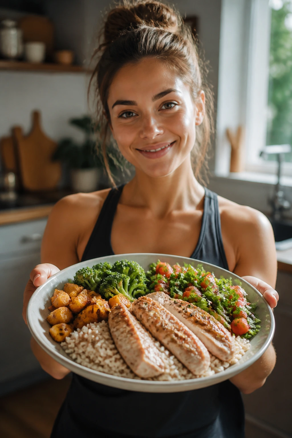 Woman in kitchen with plate of balanced meal for muscle growth