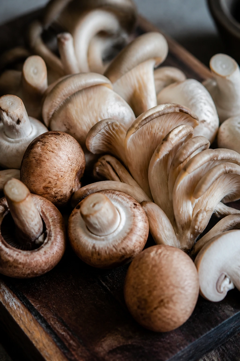 Close-up of mixed mushrooms on wooden board in a kitchen