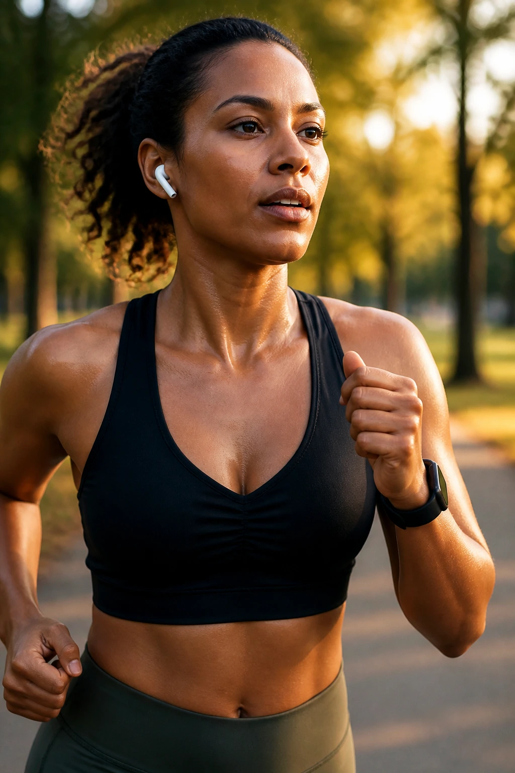 Runner wearing wireless earbuds mid-stride on a park path