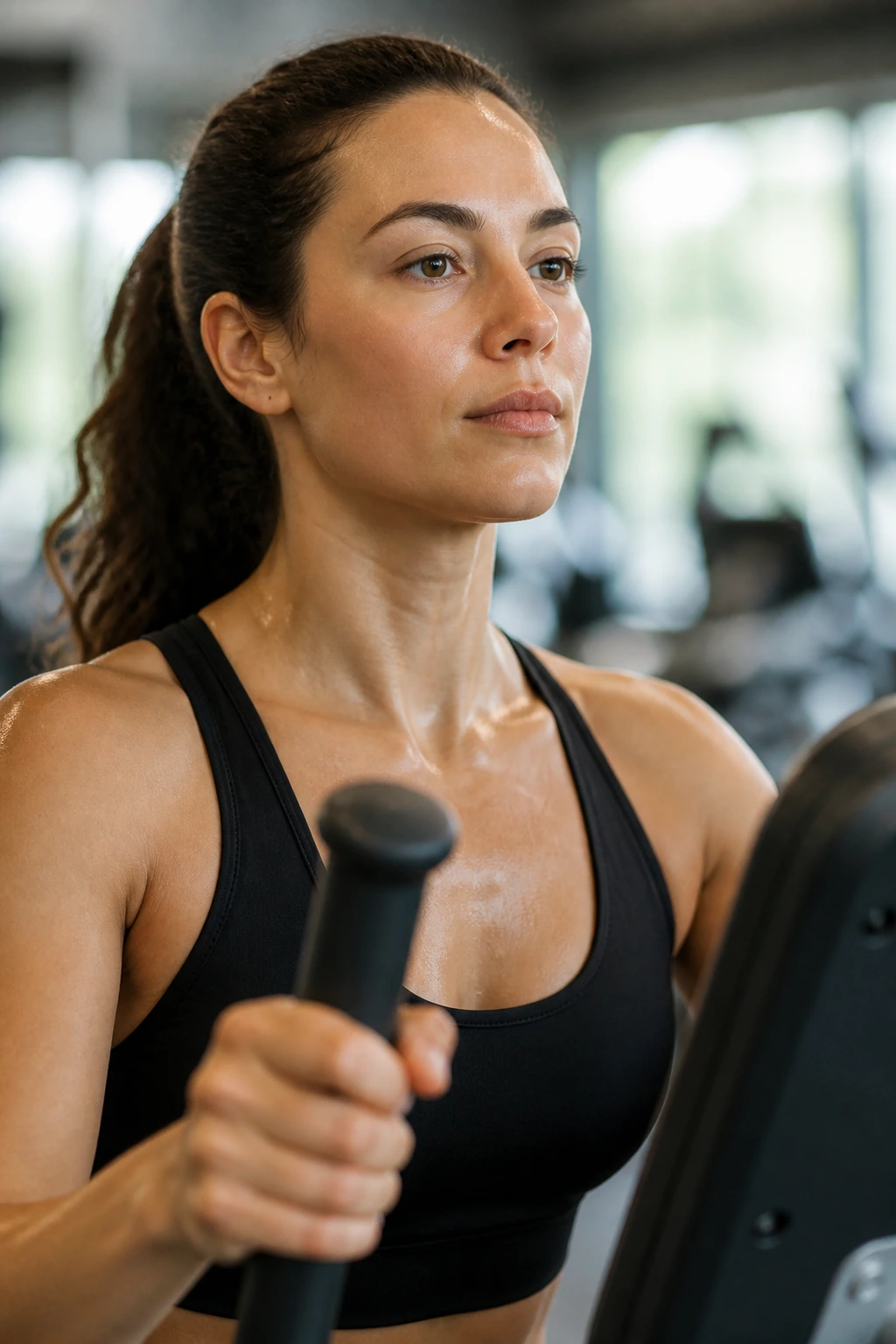 Close-up portrait of a person on a cross trainer breathing through the nose