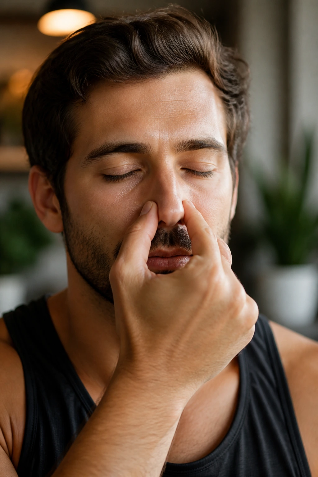 Close-up of nasal breathing prep with fingers pinching nostrils