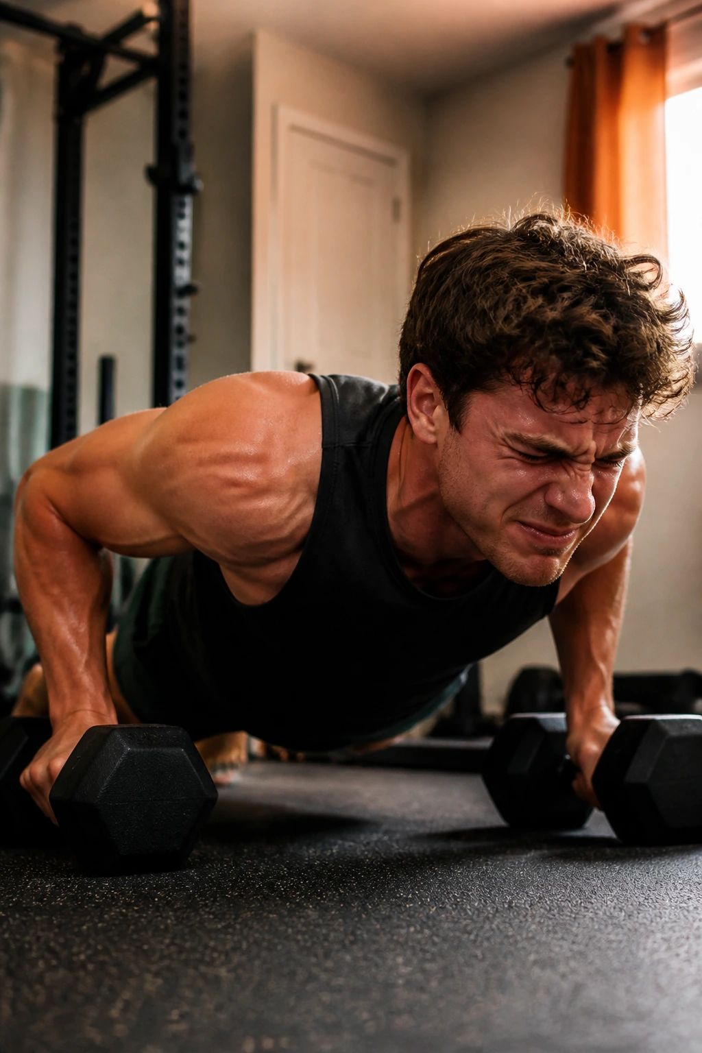 Athlete pushing near failure during a home workout set