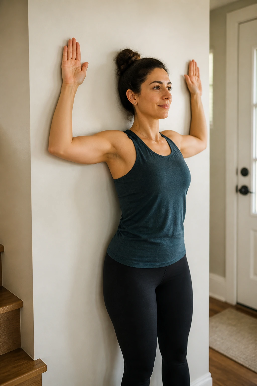 Mid-shot of a person performing wall angels in a home entryway