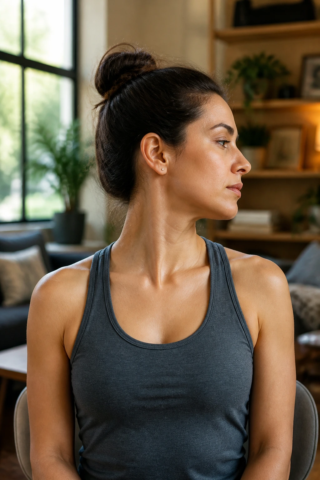 Portrait of a real person performing neck rotation in a cozy living room