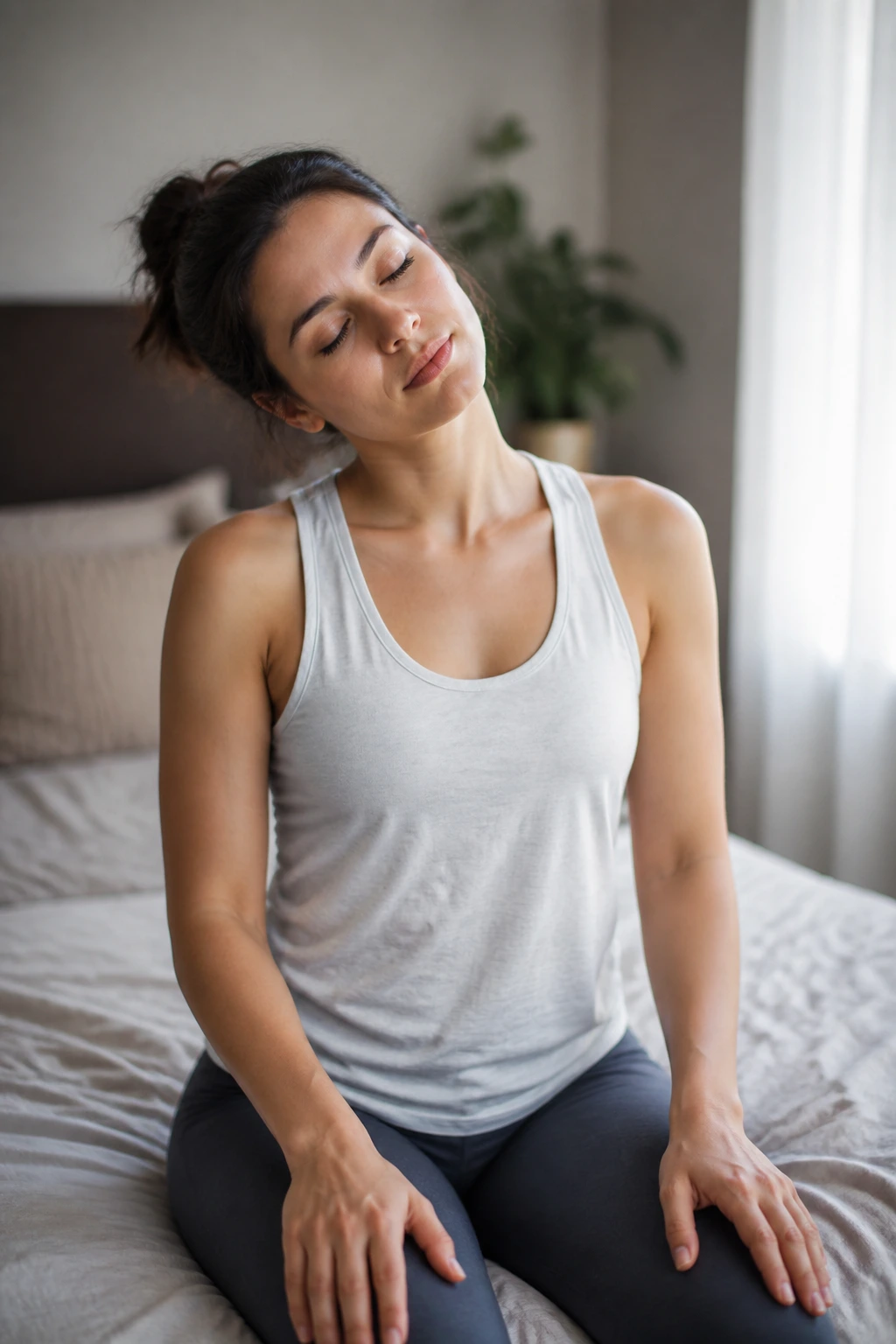 Close-up of a real person performing Neck Release and Easy Breathing in a cozy morning bedroom