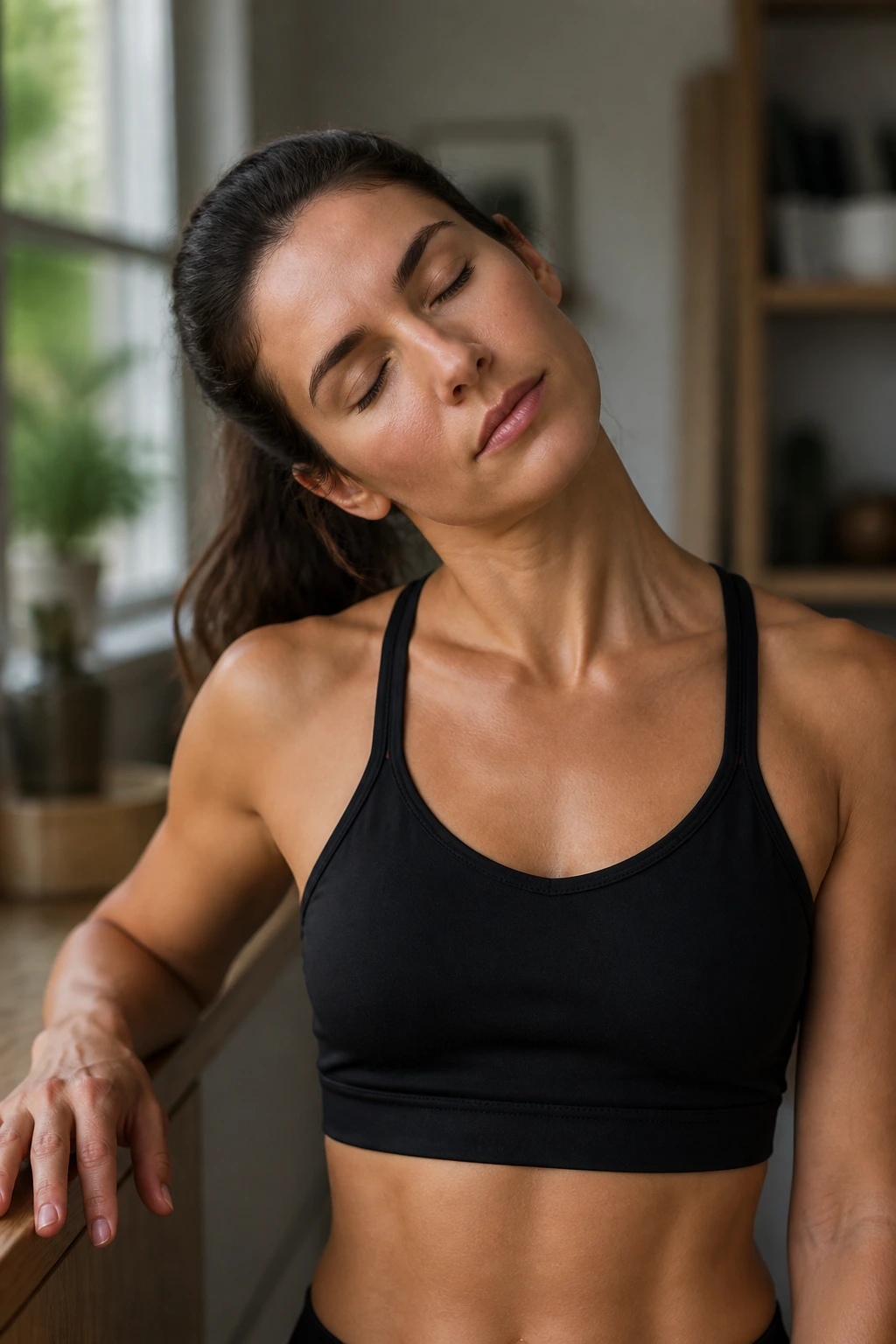 Person performing neck release stretch with gentle tilt in a warm room