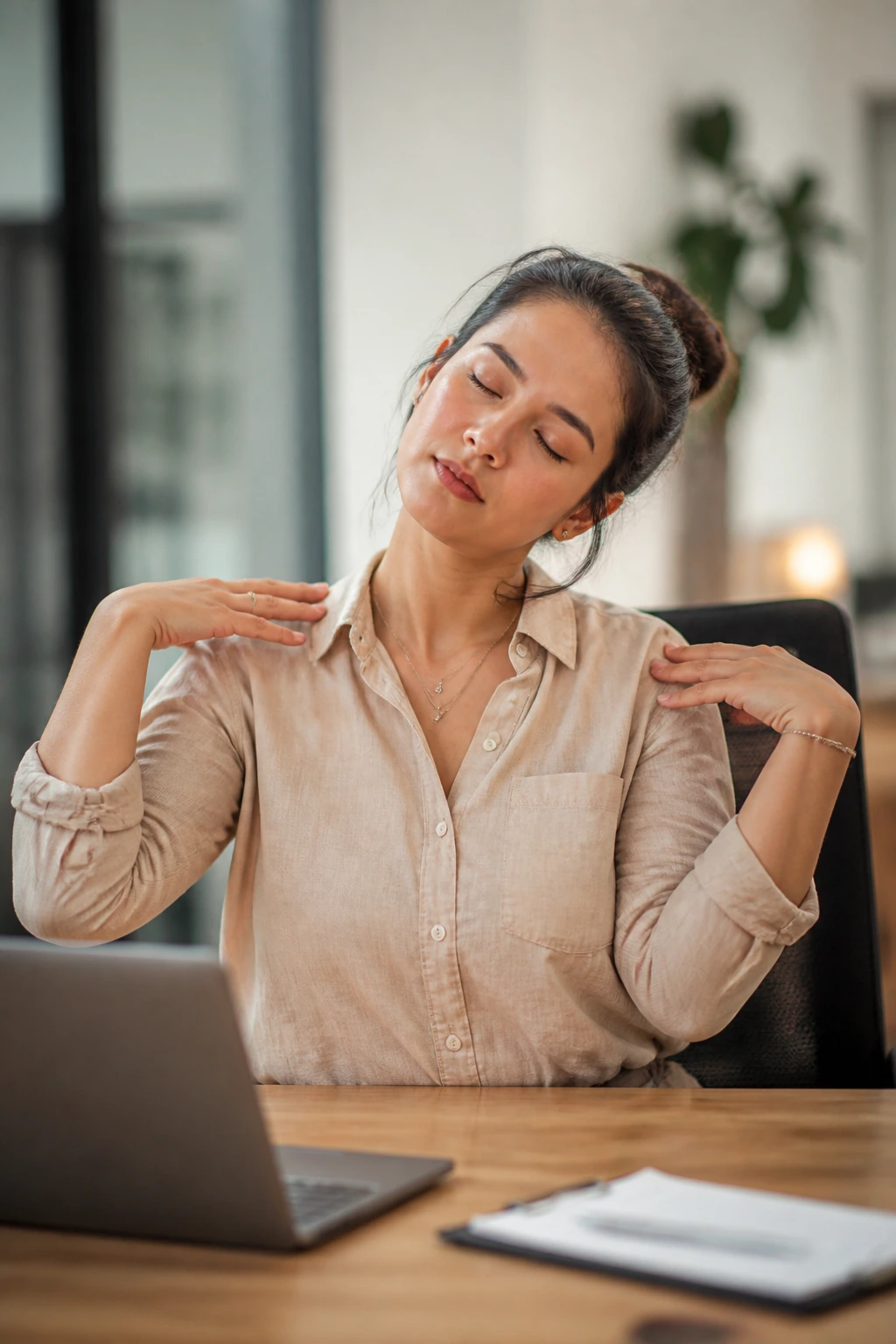 Upper-body desk scene showing neck rolls and shoulder release at a desk