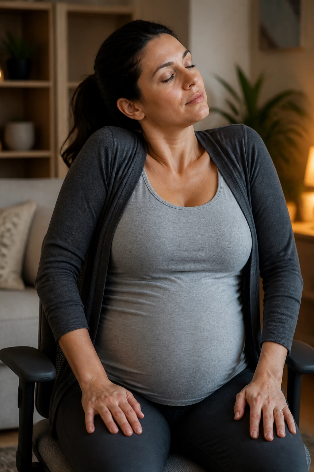 Pregnant woman doing neck and shoulder rolls at home