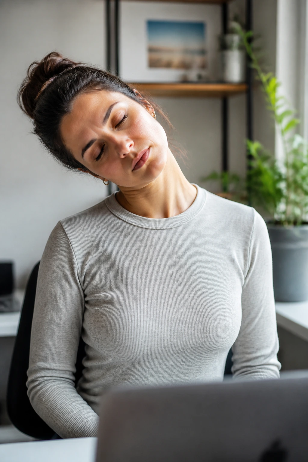 Close-up of neck side bend at a desk showing shoulder relaxation.