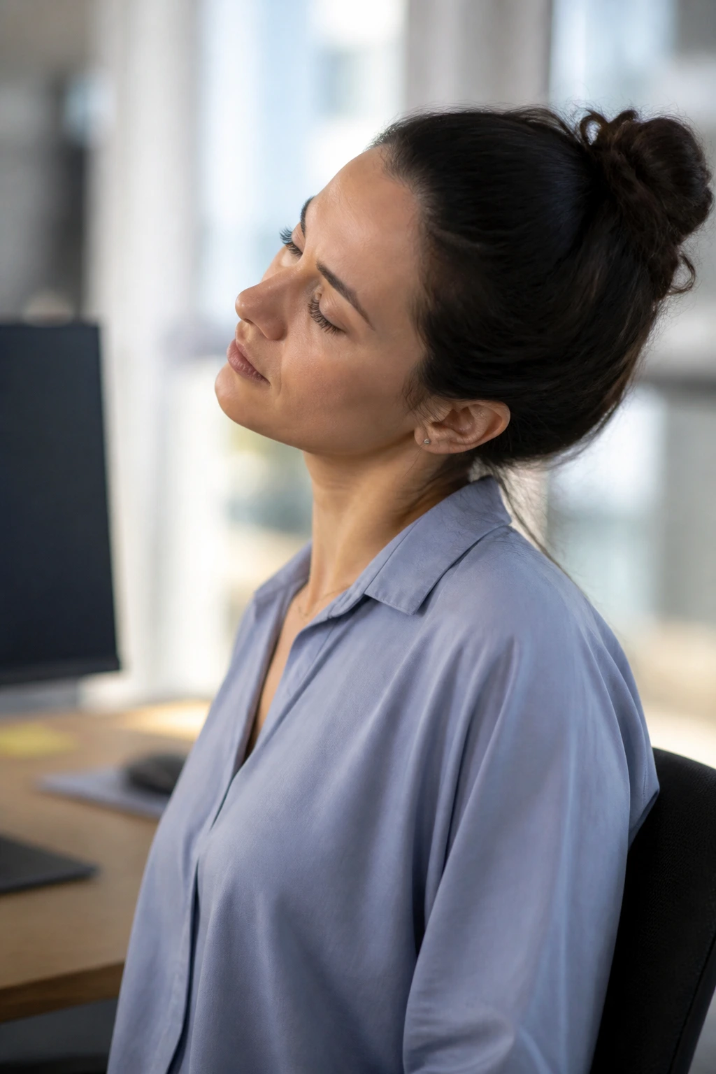 Side-profile view of a real person performing neck side bend release at a desk