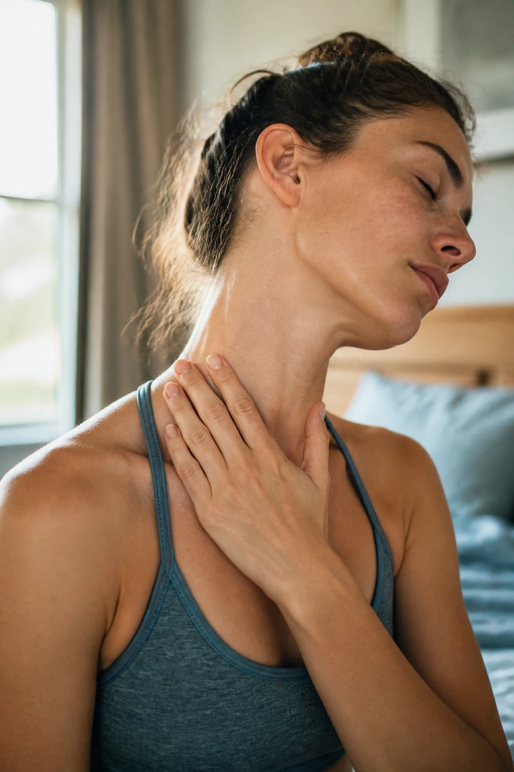 Close-up of a person performing the gentle neck release neck stretch