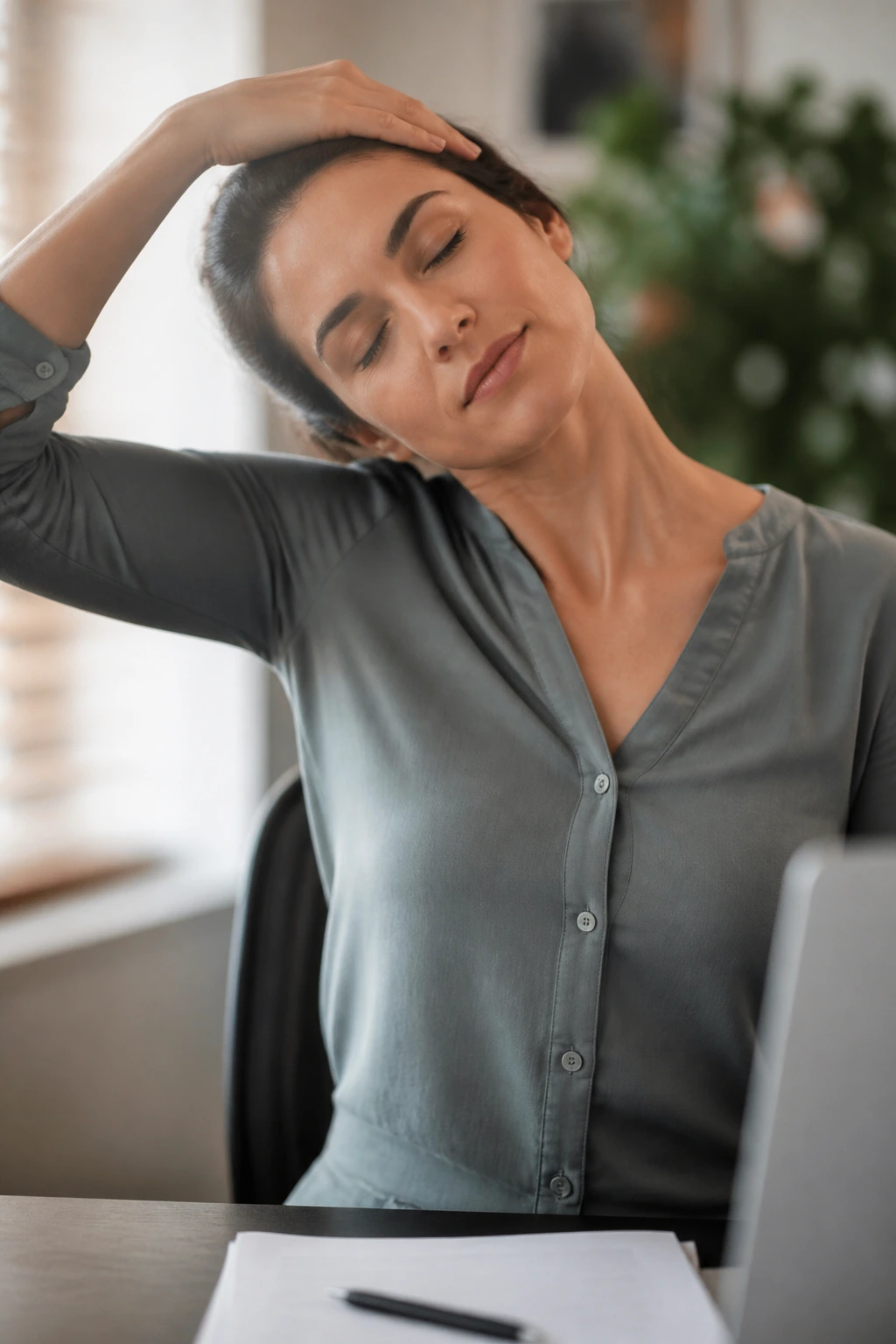 Close-up of a real person performing a neck and shoulder stretch at a desk.