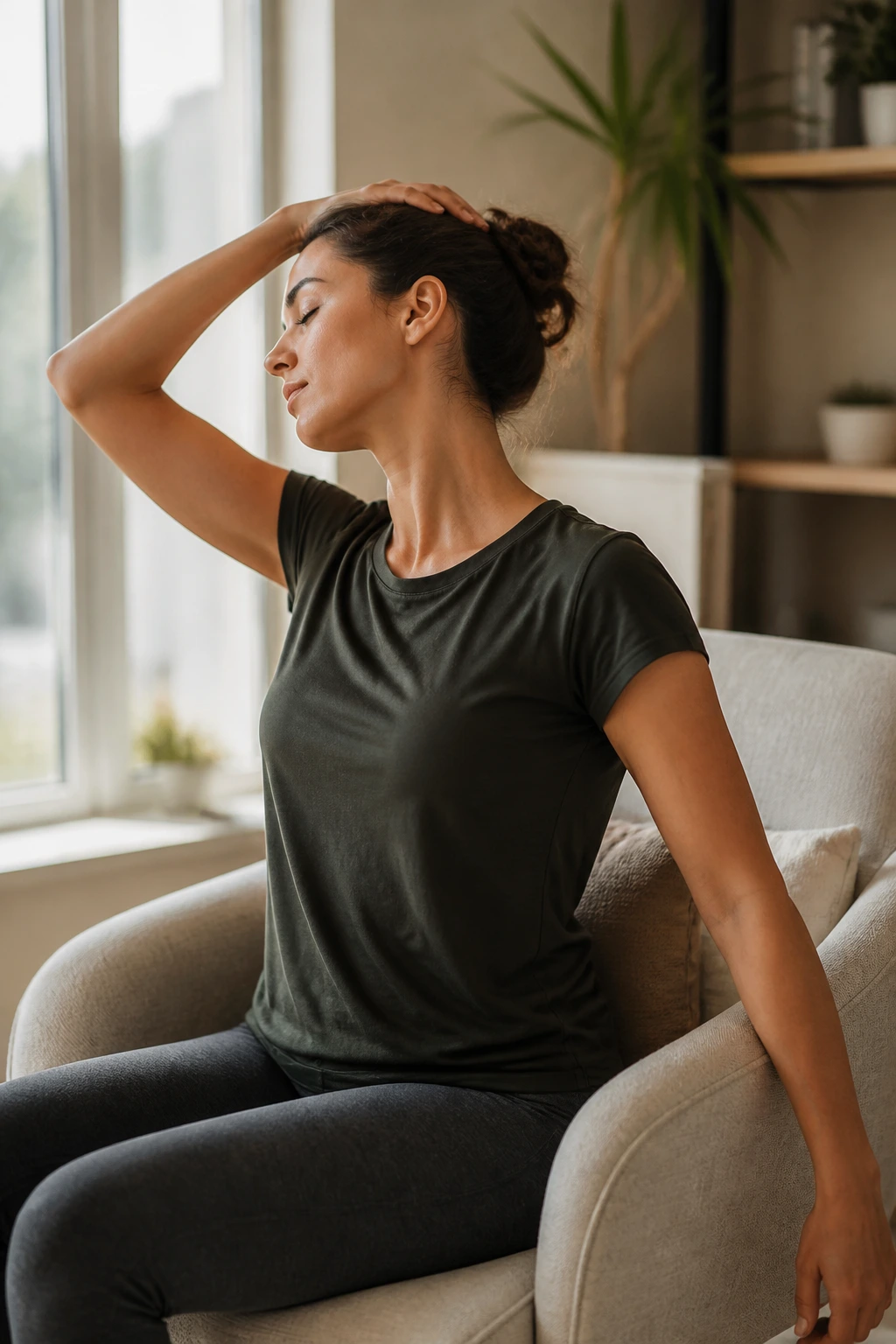 Profile shot of neck stretch with head tilted and gentle hand pressure