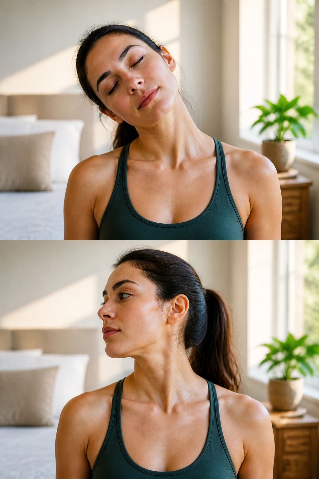 Close-up portrait of a person performing neck tilts and rotations for neck mobility